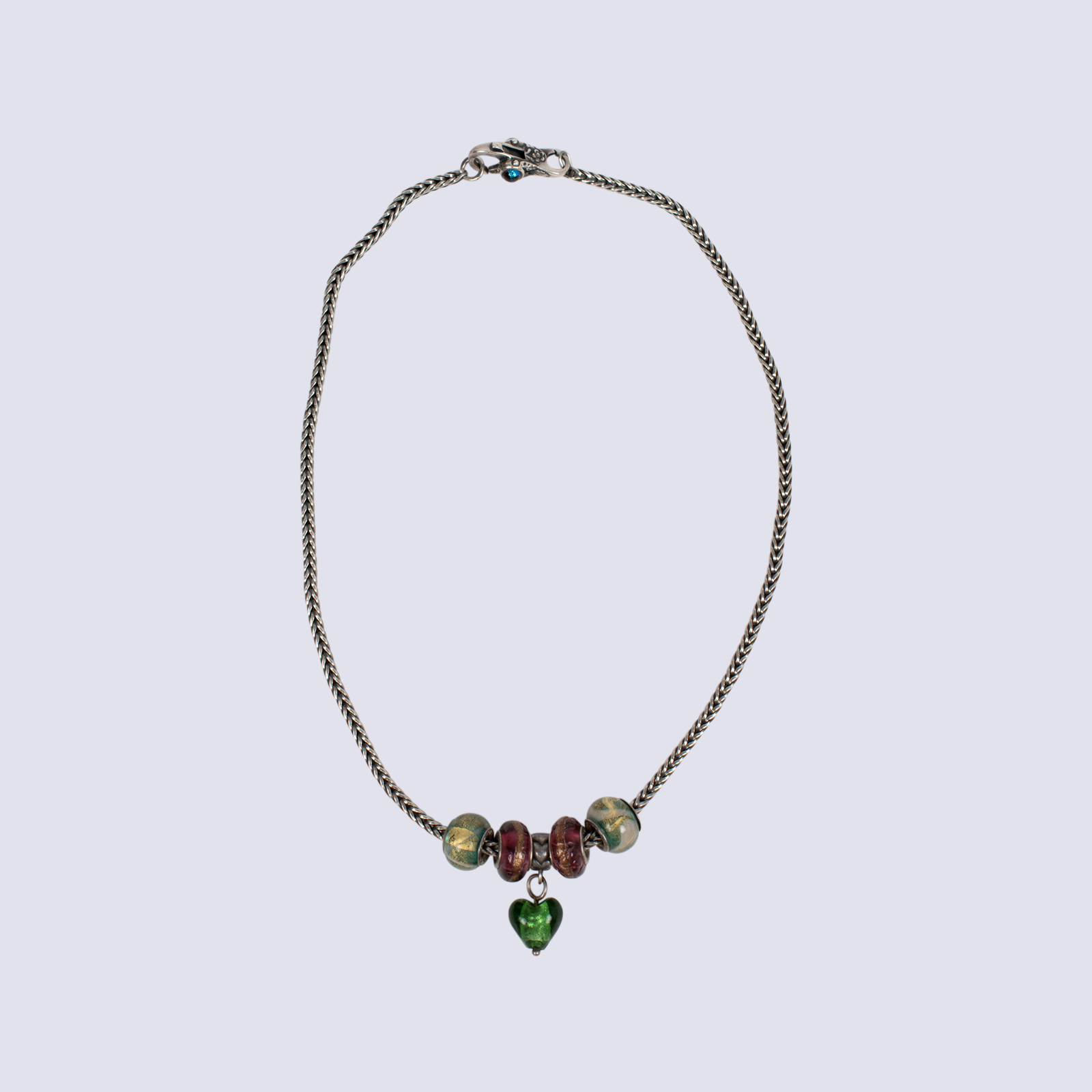 Pandora Silver Rope Chain W Pink & Green Charms