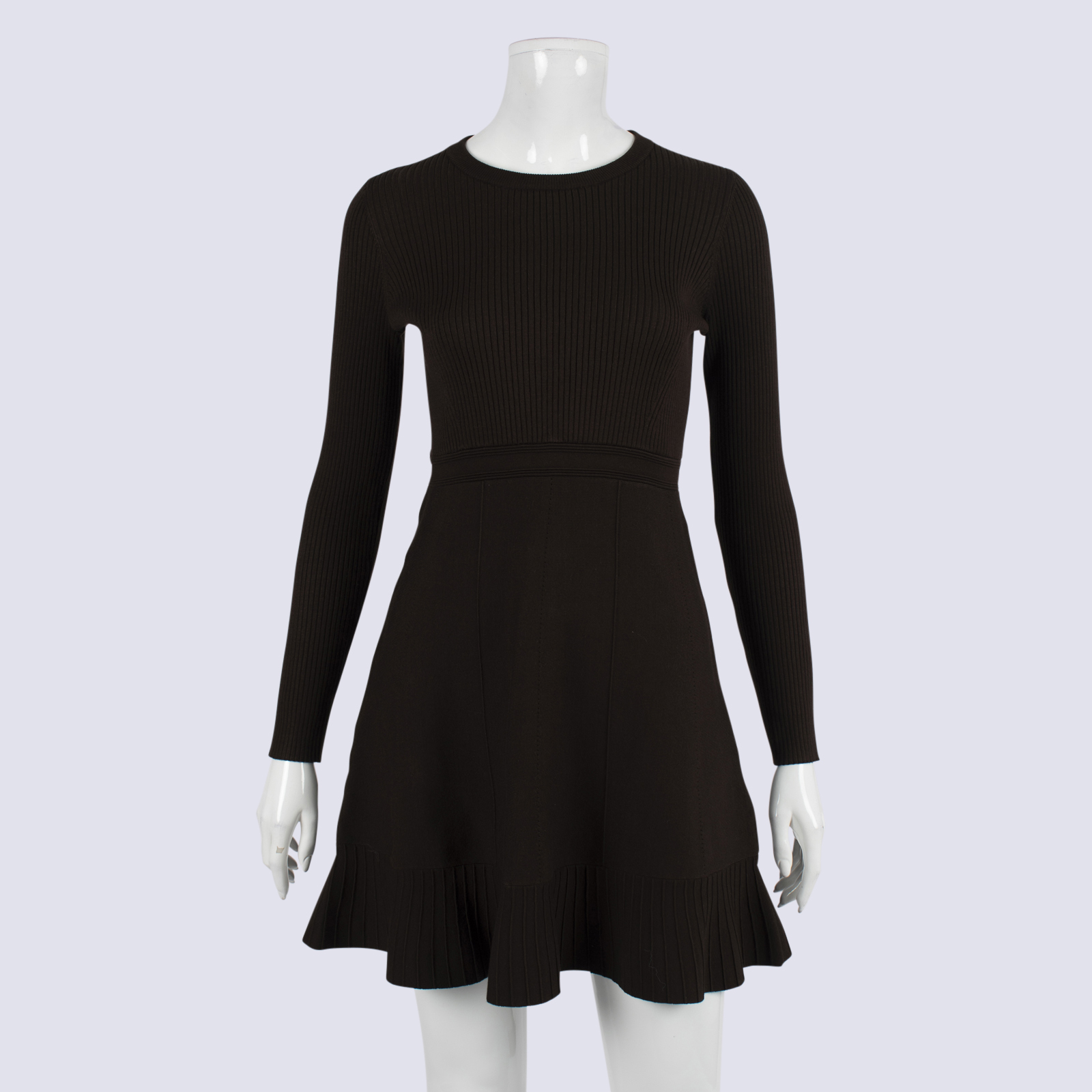 Forever New Brown LS Aline Knit Dress With Frill Hem