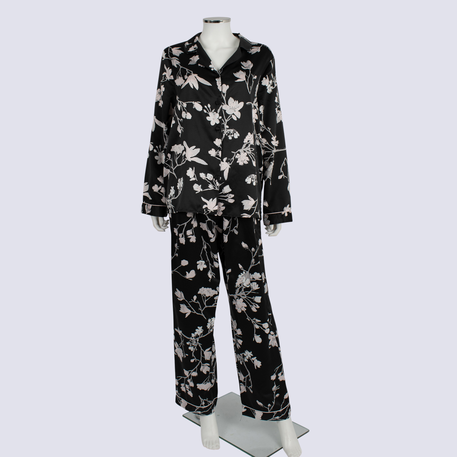 Chloe & Lola Black Floral Satin Pajamas Set