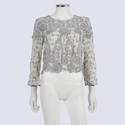Ganni Grey Embroidered Floral Top