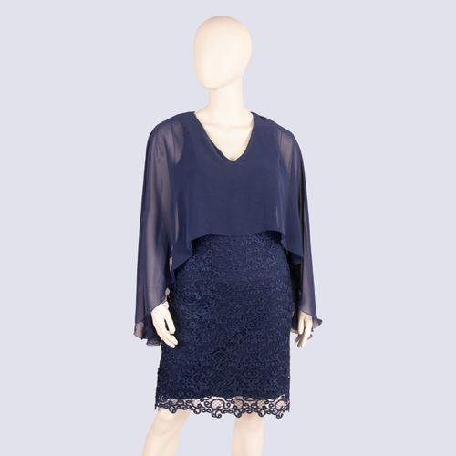 Laura K Navy Lace Dress with Sheer Cape Detail