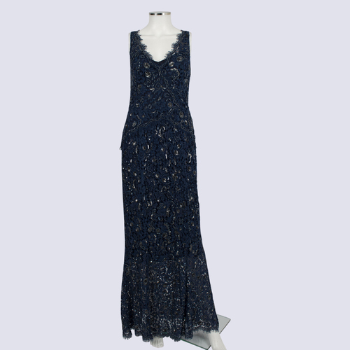 Moss & Spy Sheer Lace & Sequin Evening Gown with Slip