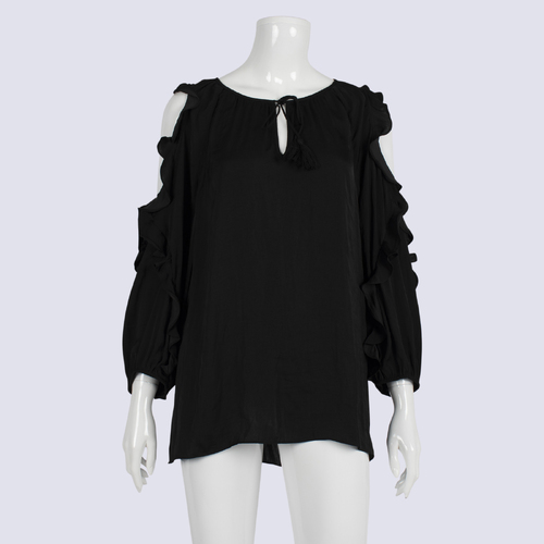 NWT Sussan Black Cold Shoulder Ruffle Sleeve Top