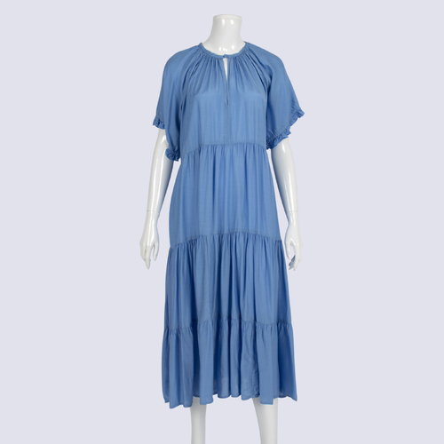 Naudic Flowing Blue Tiered Short Sleeve Midi Dress