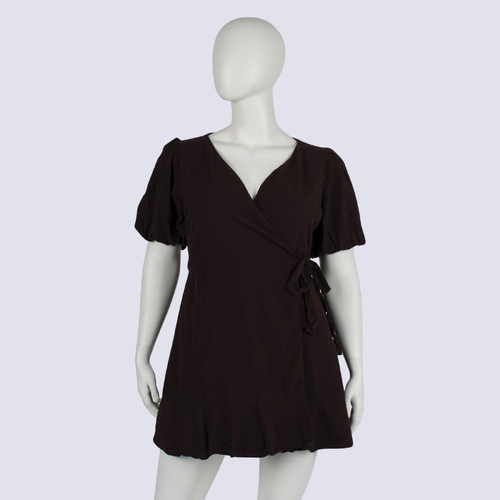 The Fated Brown Linen Blend Wrap Mini Dress