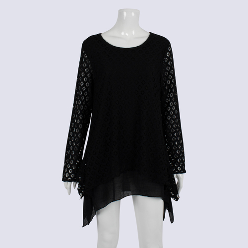 Caroline Morgan Long Sleeve Black Crochet Mini Dress