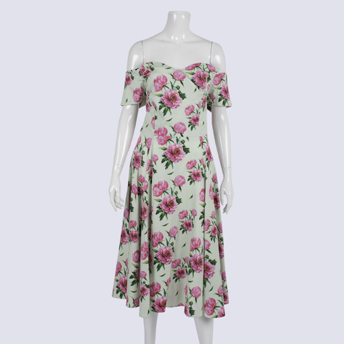 Lady Vintage Floral Pattern Off Shoulder A-Line Midi Dress
