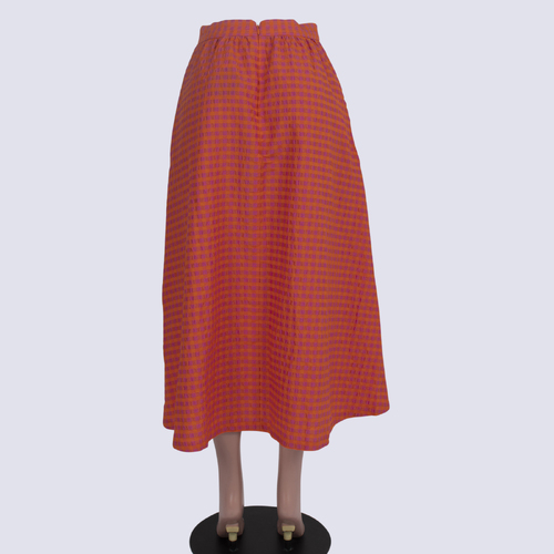 Elk Neon Gingham Pattern A-Line Midi Skirt w Pockets