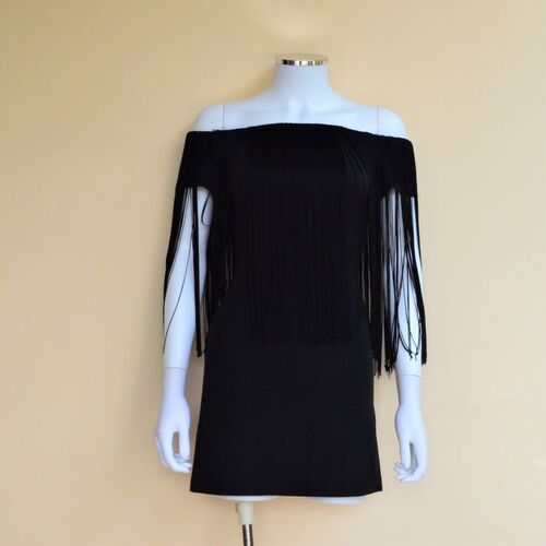 Zara Off Shoulder Fringed Black Mini Dress