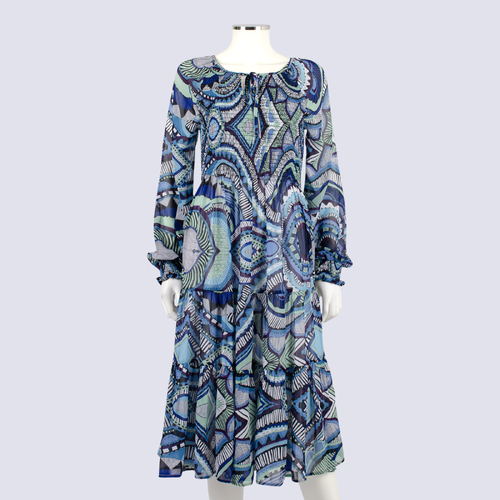 NWT Amita Niathani Smocked Long Dress Blue Print Dress