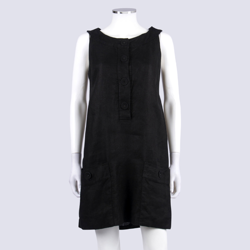 CUE Black Boxy Linen Button Down Dress 