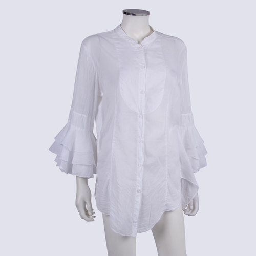 European Culture Sheer White Button-Down Top with Frill Sleeves