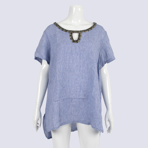 Blue Illusion Linen Boxy Top With Gem Embellishment