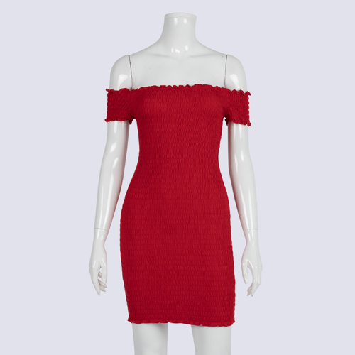 Bardot Red Shirred Mini Dress