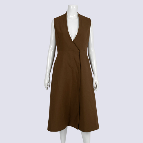 Brown Sleeveless Wrap Corporate Dress