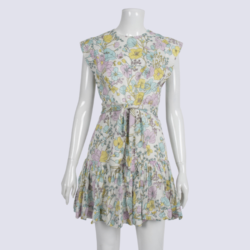Zimmermann Sleeveless Floral Print Linen Dress With Waist Tie