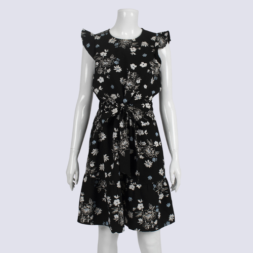 CUE Black Floral Frill Sleeve and Hem Dress
