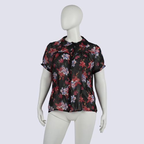 Hell Bunny Sheer Black & Red Floral Print Button-up Top