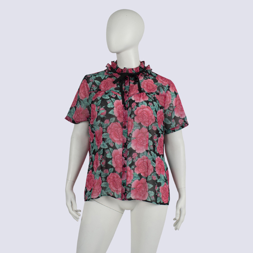 Hell Bunny Sheer Pink & Black Floral Print Button-up Top