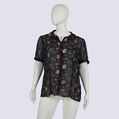 Hell Bunny Sheer Roses & Cherry Print Button-up Top