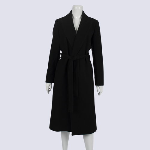 Massimo Dutti Black Wool Coat Tie Waist