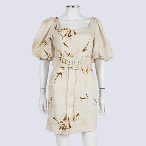 Shona Joy Nude Leaf Print Puff Sleeve Linen Dress with Belt