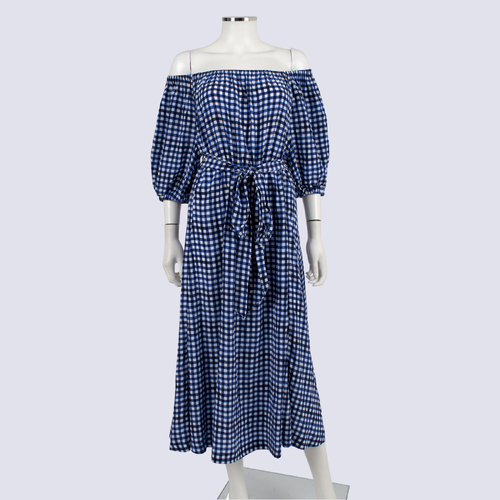 Husk Blue Checkered Off the Shoulder Dress with Waist Tie