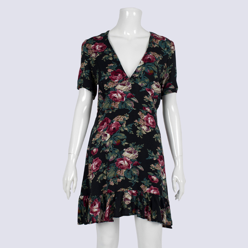August Black Floral V Neck Mini Dress