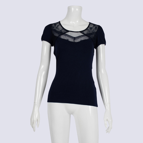 Review Navy Lace Trim Short Sleeve Top
