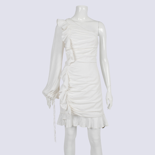 Rebecca Valance White One Shoulder Long Sleeve Frilled Dress 