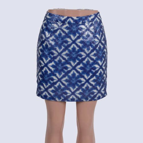 Portmans Blue Ikat Floral Sequin Mini Skirt